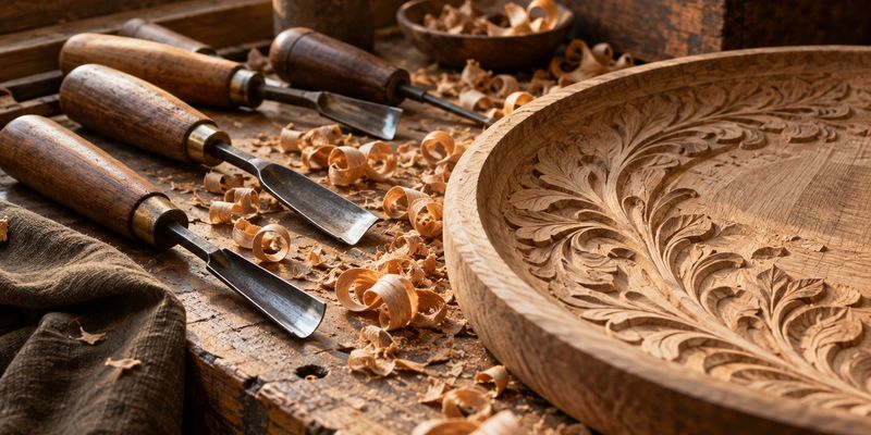 Carving tools and a half-finished wooden tray on a workbench