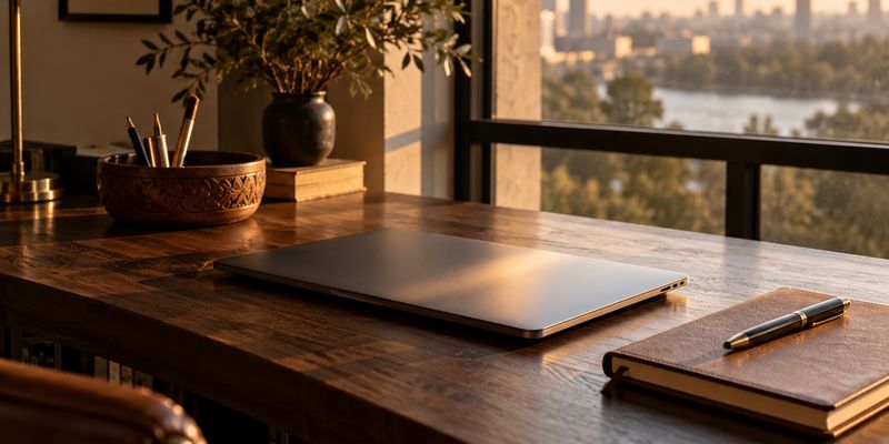 A studio desk by a window with a laptop and a small carved tray